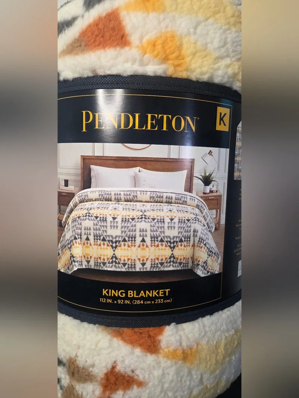 Pendleton Sherpa King Blanket in Cream, Orange & Gray Geometric